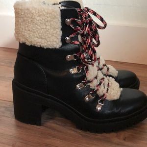 Faux Shearling. Heeled hiking boots.
